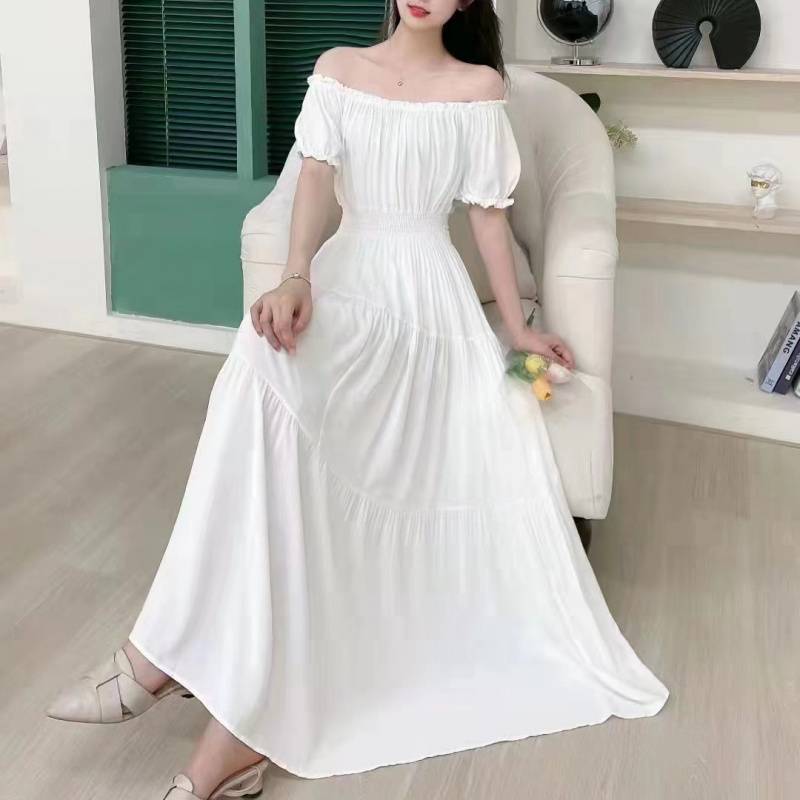 Solid Color Wide Hem Cotton Silk Vacation Style Long Bohemian Dress