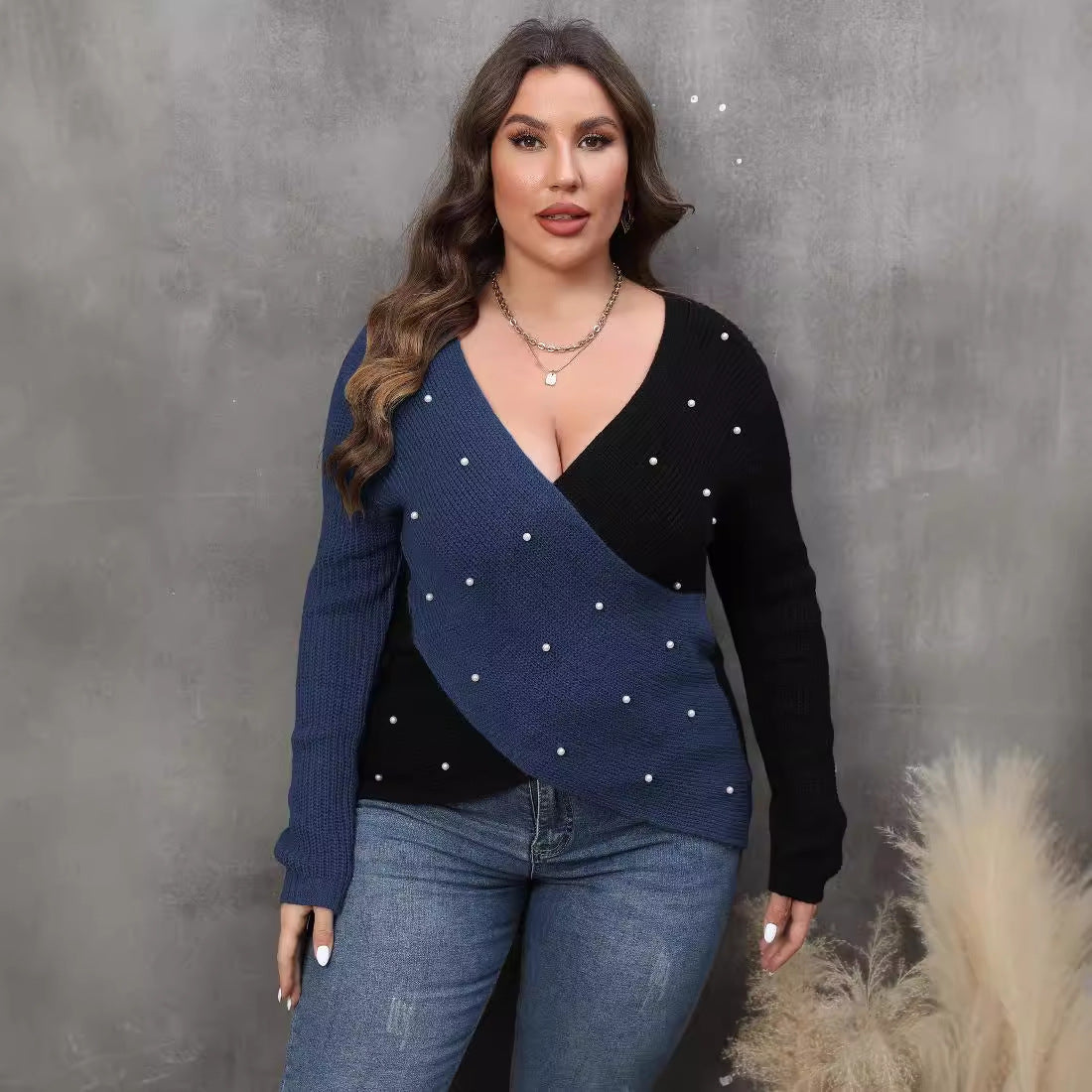 Plus Size Women's Color Contrast Patchwork Deep V Cross Sexy Beaded Sweater