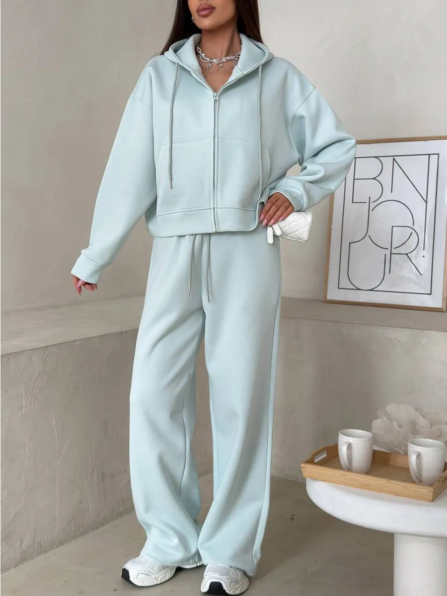 European And American Solid Color Long Sleeve Zipper Cardigan Hoodie Lace-up Trousers Two-piece Set