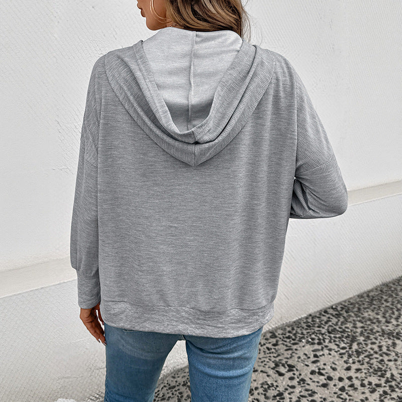 Design Cardigan Hooded Solid Color Waffle Sweater