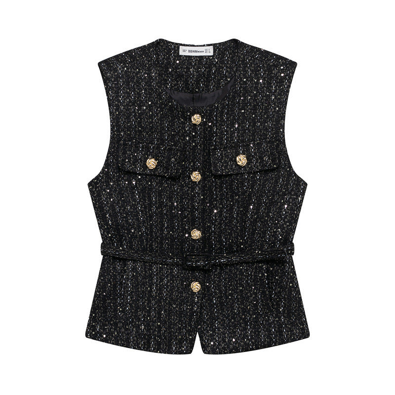 Spring New Casual Belt Vest Women's Clothing With Belt Texture Vest