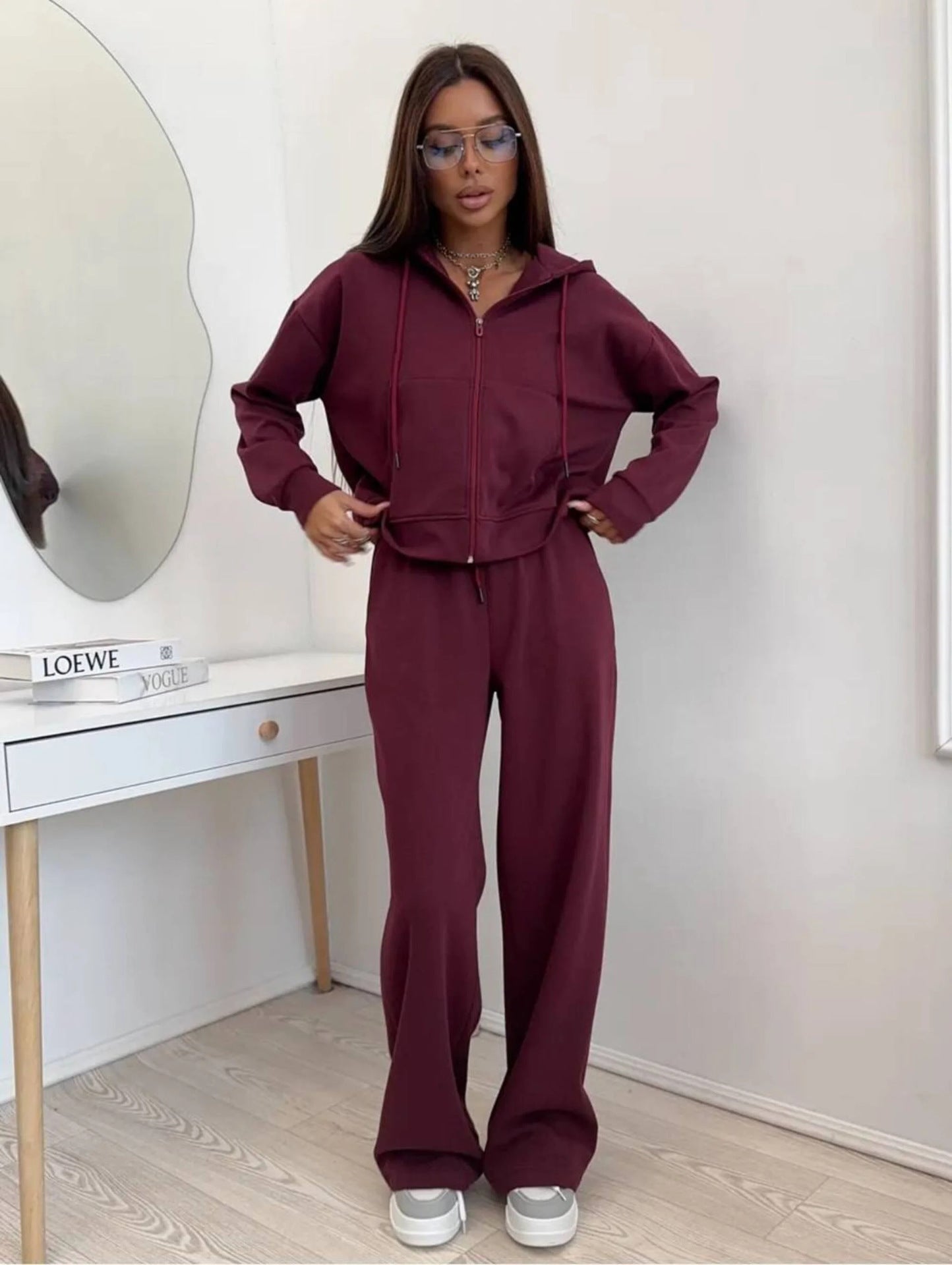 European And American Solid Color Long Sleeve Zipper Cardigan Hoodie Lace-up Trousers Two-piece Set