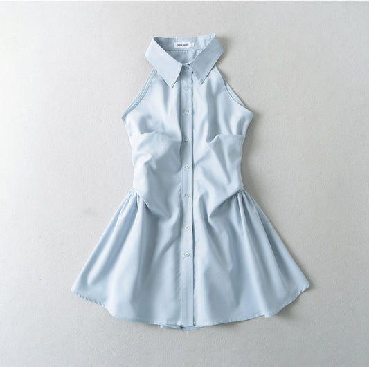 2024 Summer New Pure Desire Style Slim Fit Slimming Waist Pleating Sleeveless Shirt Dress Polo Collar Dress
