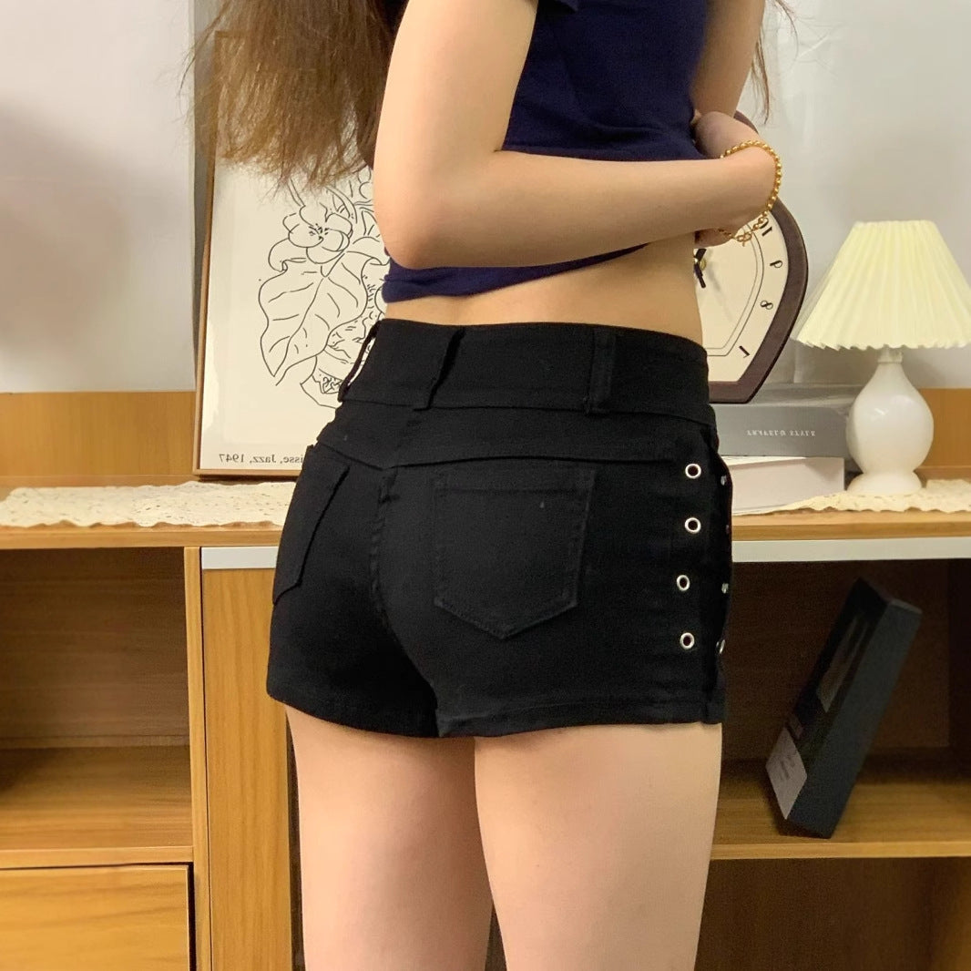 Hot Girl Black Y2g American Rivet Design Low Waist Denim Shorts Super Short Shorts