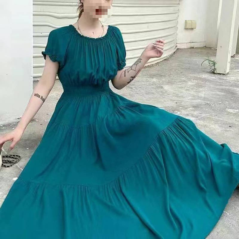 Solid Color Wide Hem Cotton Silk Vacation Style Long Bohemian Dress