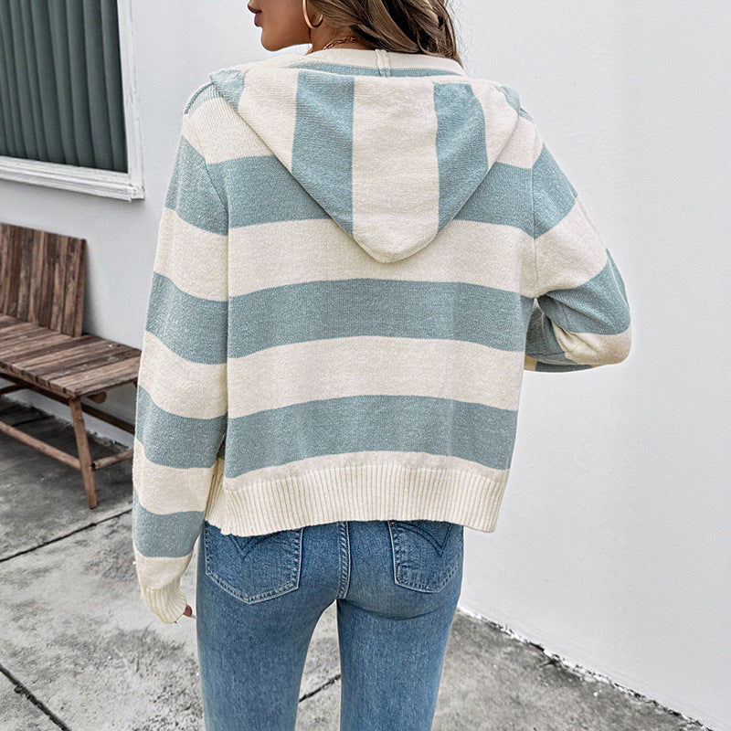 European And American Flanging Striped Contrast Color Sweater Zipper Cardigan