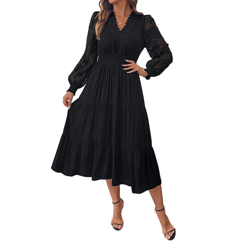 Sweet Elegant Style V-neck Tight Waist Lace Long Sleeve Solid Color Dress Women