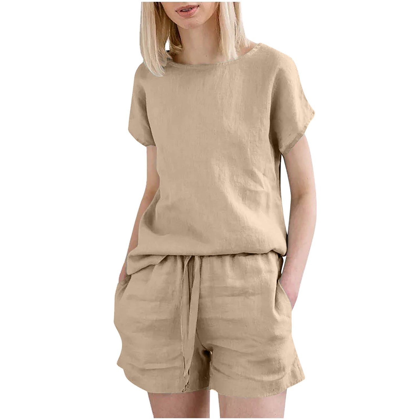 Short Sleeve Cotton Linen Retro Fashion Solid Color Top Shorts Suit
