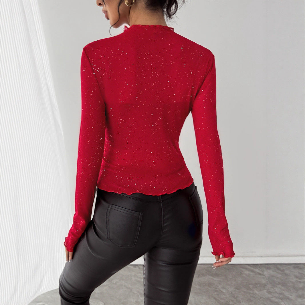 European And American Sequined Top Women's Slim-fit Long-sleeved Shiny Bling Commuter Top