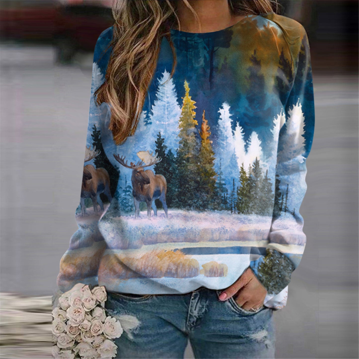 Women's Fashion 3D Casual Round Neck Sweater Baggy Coat