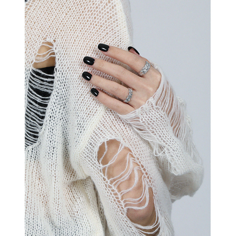 All-match Hammered Texture S925 Openning Silver Ring Female