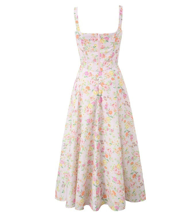 Floral Fishbone Tied Spaghetti-strap Top Tube Top Dress Suit