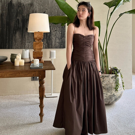 Cotton Pleated V-neck Waist Strap Low Waist Mid Length Dress