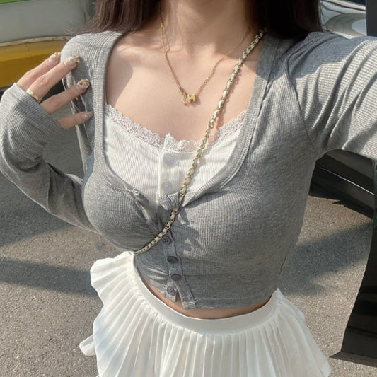 Pure Desire Lace Fake Two-piece Buttoned Bottoming Shirt