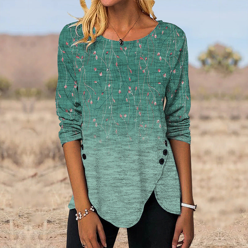 3D Digital Retro Printed Button Irregular Hem Round Neck Long Sleeve