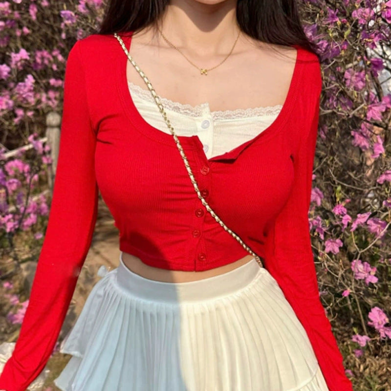 Pure Desire Lace Fake Two-piece Buttoned Bottoming Shirt