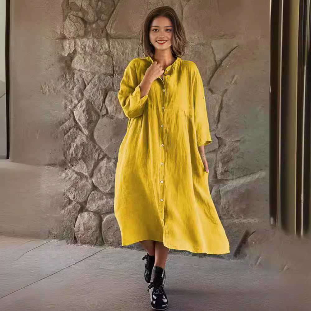 Women's Solid Color Loose Casual Long Sleeves Button Shirt Dress