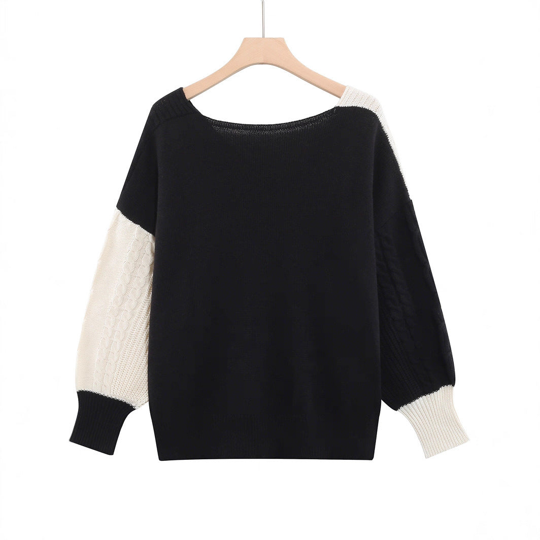 Plus Size Women's Black And White Contrast Color V-neck Long-sleeve Knitwear Top