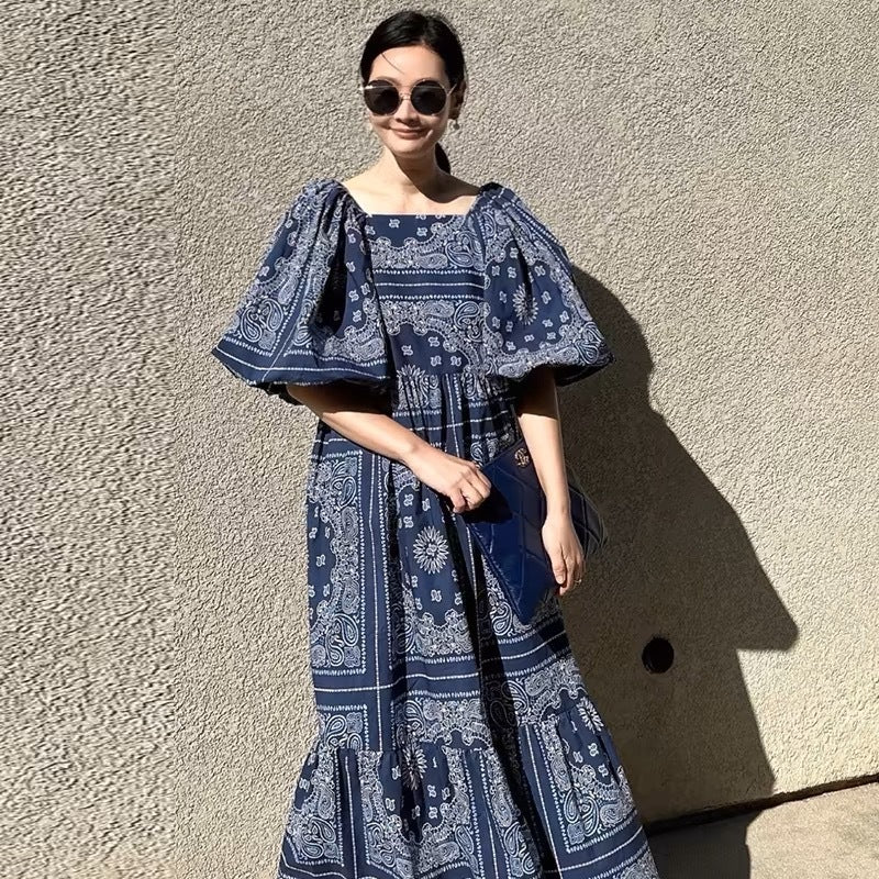 Printed Loose Casual Puff Sleeve Dress