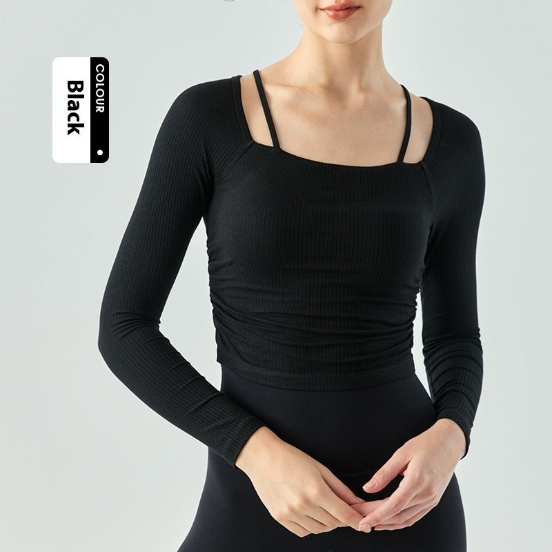 Pure Desire Style Yoga Long-sleeved Women's Autumn And Winter Semi-fixed Cup Spaghetti Strap Sports T-shirt