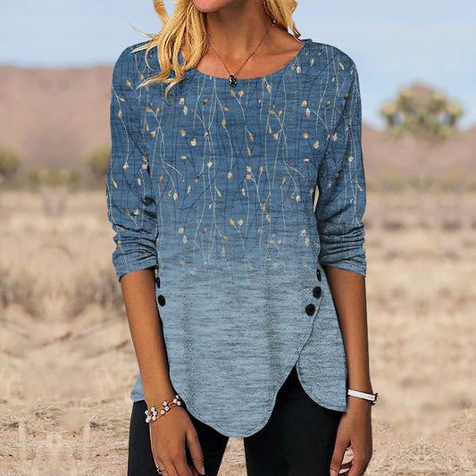 3D Digital Retro Printed Button Irregular Hem Round Neck Long Sleeve