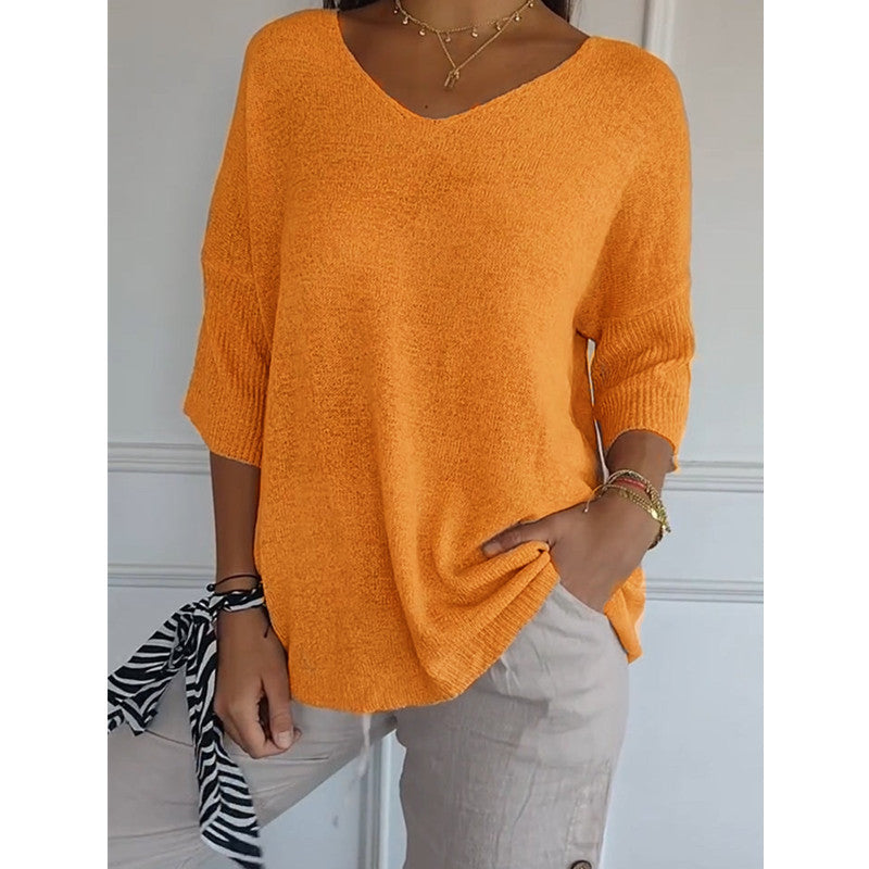 Knitwear Casual Sweater Slimming V-neckline 34 Sleeve Women's Bottoming Shirt