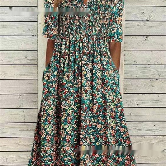 Women's Printed Floral V-neck Olive Mid-sleeve Pocket Dress