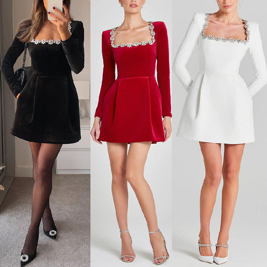 Women's Square Collar Diamond Inlaid Short Velvet Dress