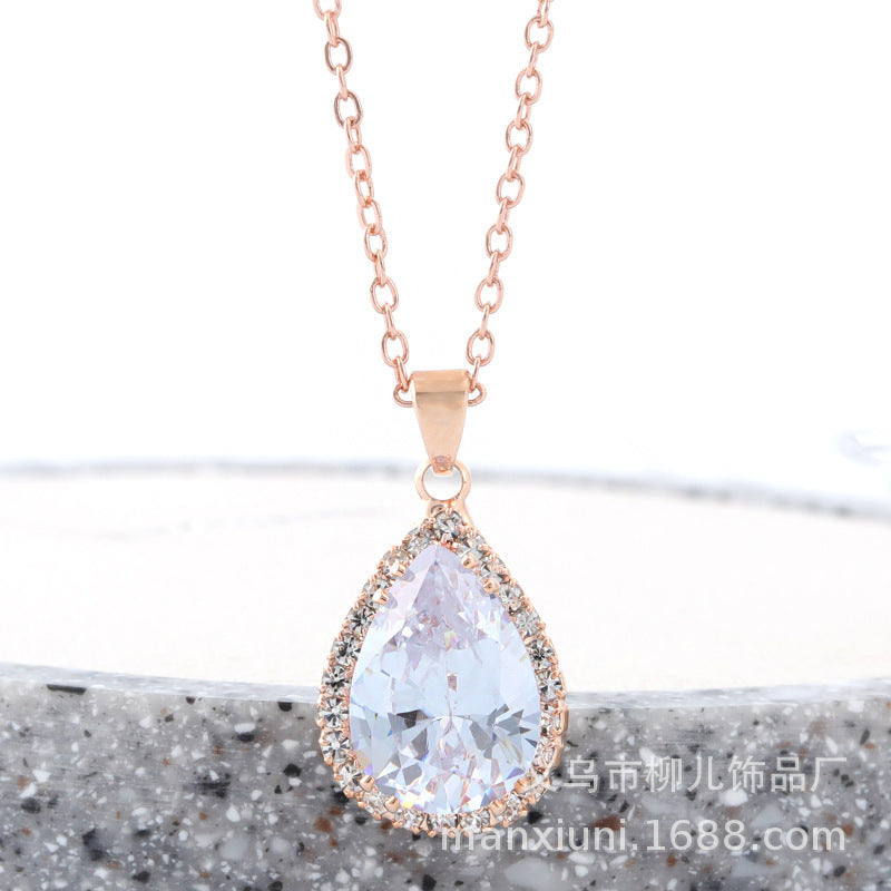 Water Drop Rose Gold Rhinestone Elegant Pink Color Necklace