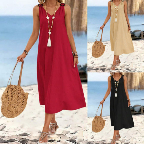 Elegant Women's Buckle V-neck Sleeveless Dress