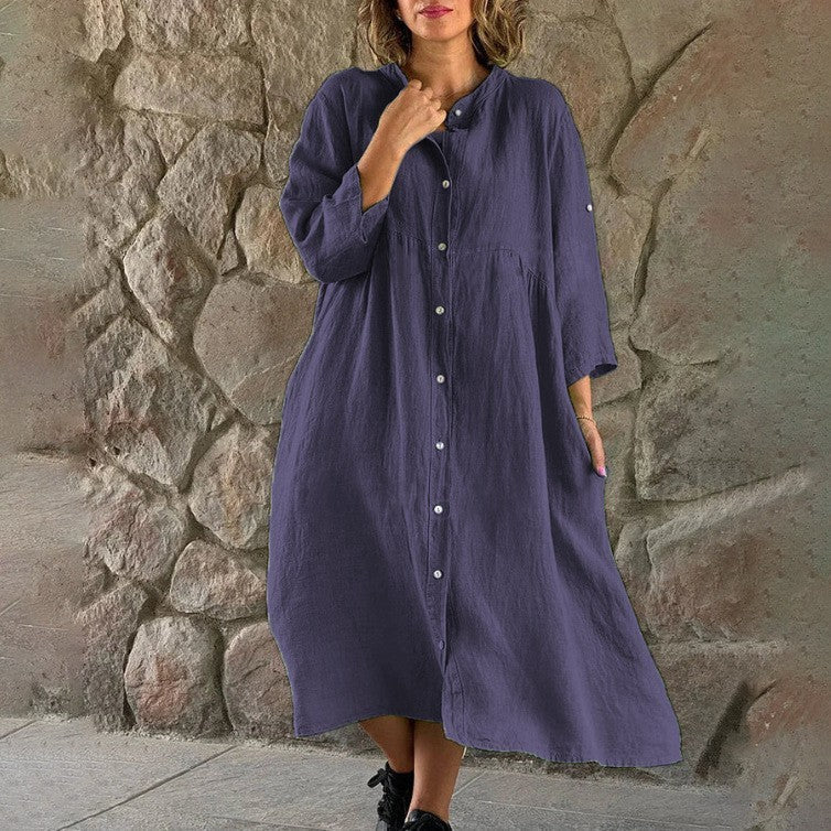 Women's Solid Color Loose Casual Long Sleeves Button Shirt Dress