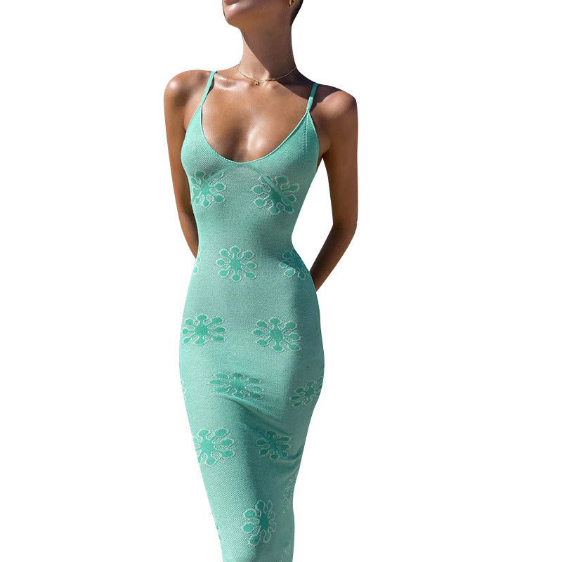Print Holiday Casual Slim Fit Hip Spaghetti Straps Long Dress