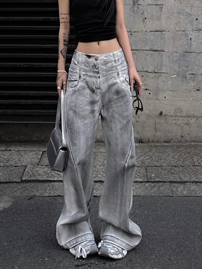 Women's Retro Straight Jeans With Old And Dirty Design
