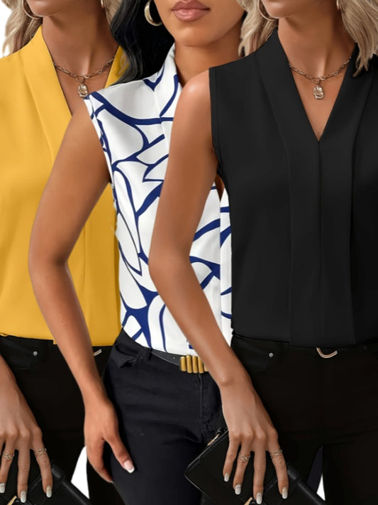 Women's Elegant Sleeveless V-Neck Blouse - Breezy Chic Top Ideal For Spring & Summer, Versatile Fashion For Casual Or Formal Wear 3PC Set