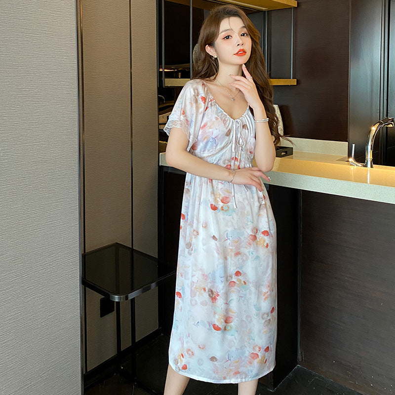 Floating Dream Nightdress Women's Lace Ice Silk Floral Pajamas Home Wear Women