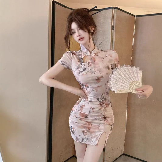 New Chinese Retro Printed Waist-controlled Dress