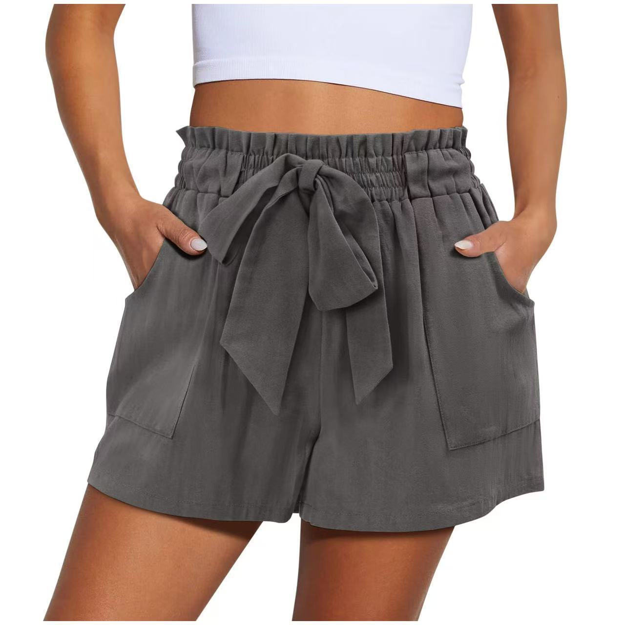 Summer New Elastic Waist Drawstring Knotted Short Solid Color Casual Women