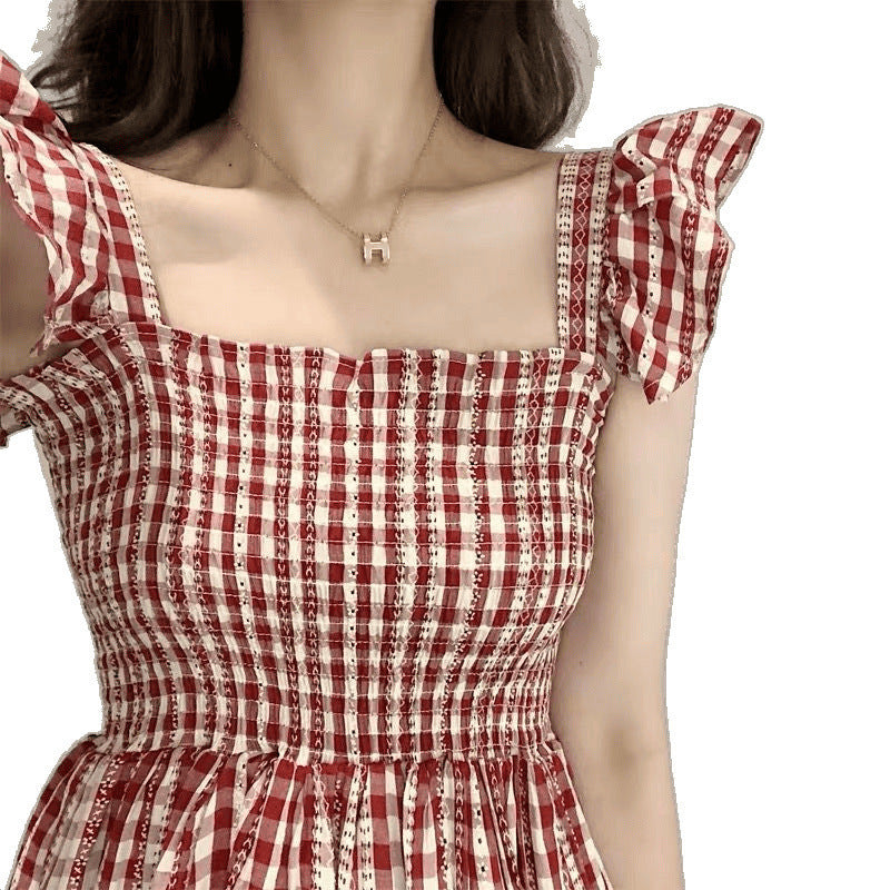 Cotton-containing Small Plaid Dress New Spring And Summer Sleeveless Suspender Skirt