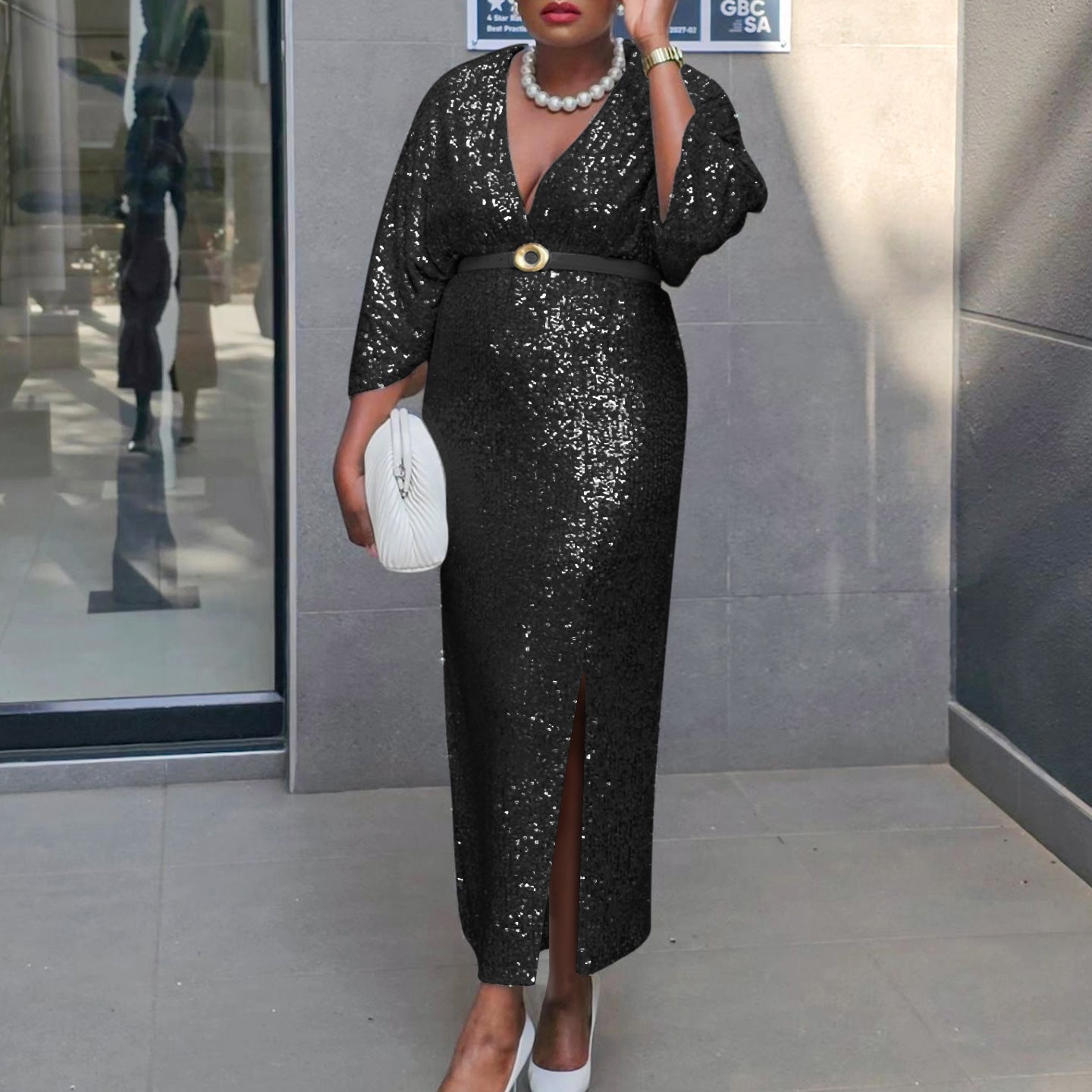 Fashion Temperament V-neck Sexy Slimming Sequins Plus Size Dress