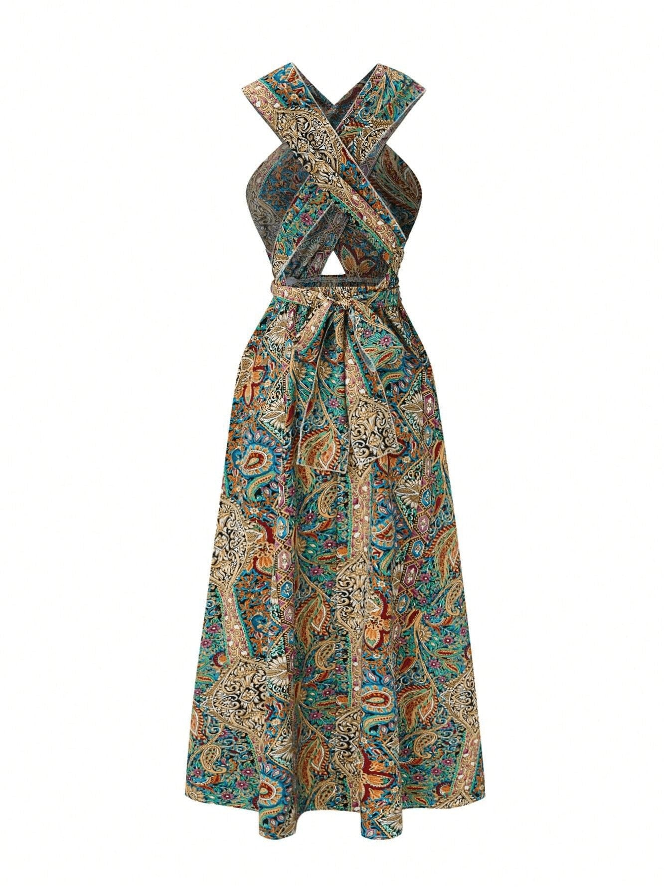 Wrap-around Strappy Printed Halter High-waisted Dress