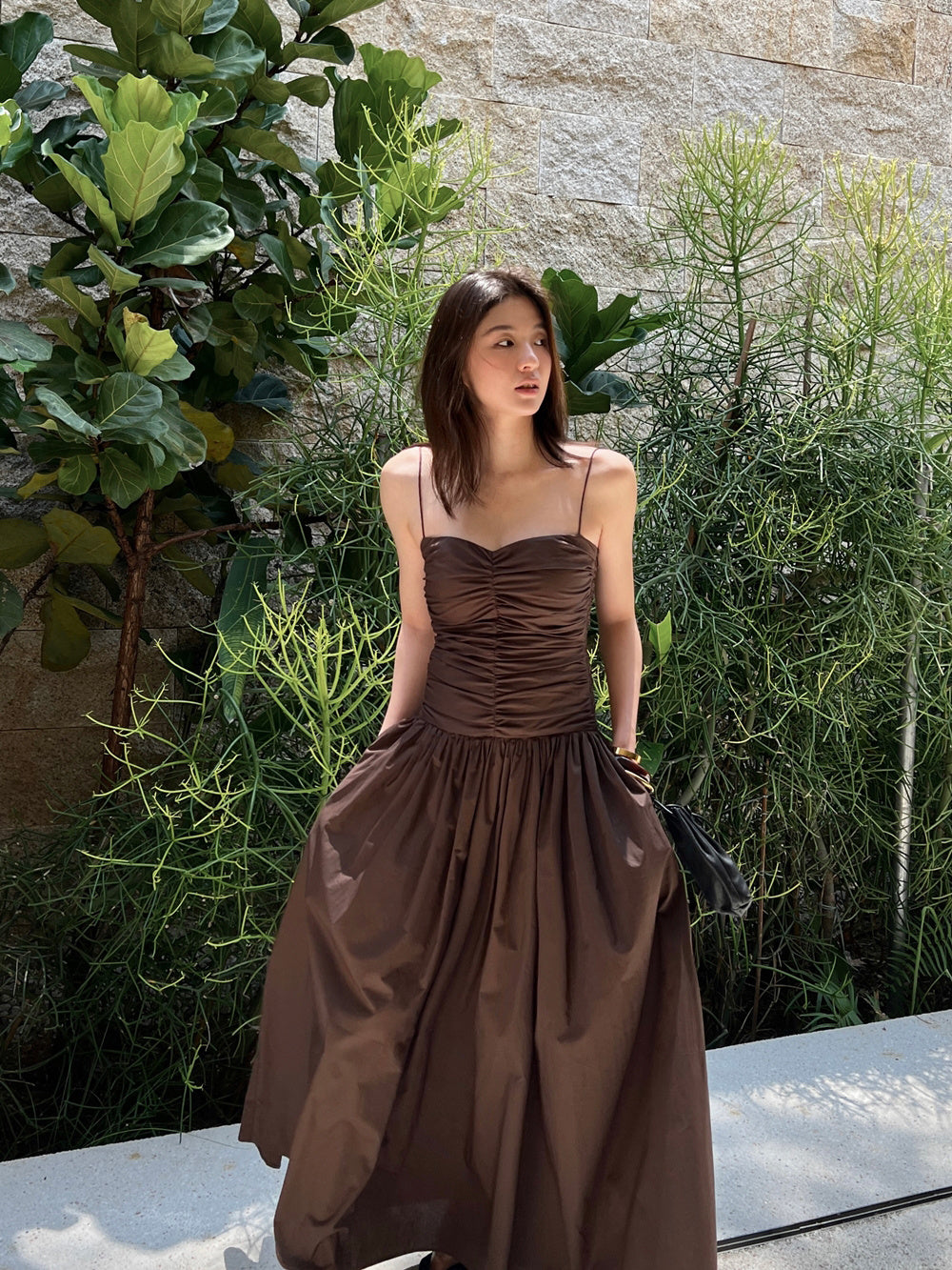 Cotton Pleated V-neck Waist Strap Low Waist Mid Length Dress