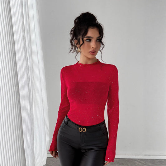 European And American Sequined Top Women's Slim-fit Long-sleeved Shiny Bling Commuter Top