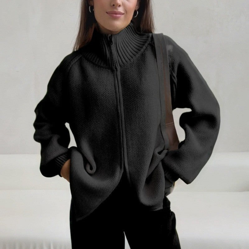 Solid Color Stand Collar Knitted Cardigan Women's Top