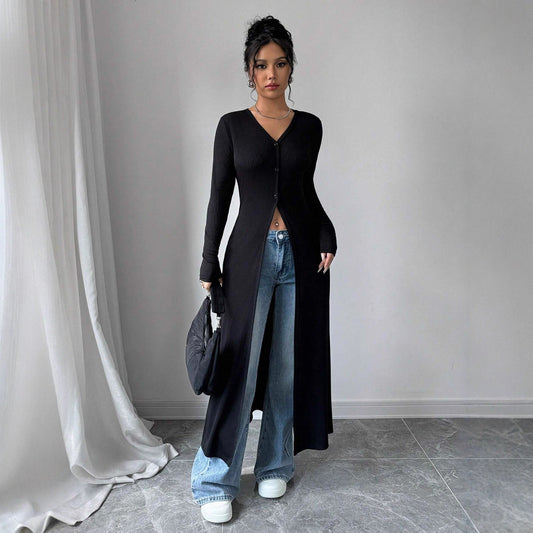 European And American Solid Color Long Button Cardigan Slim Fit Slimming Top Women
