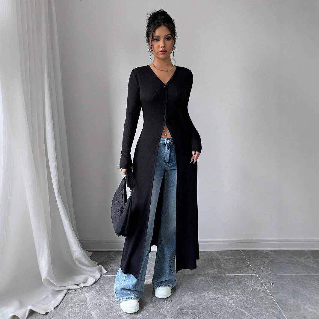 European And American Solid Color Long Button Cardigan Slim Fit Slimming Top Women