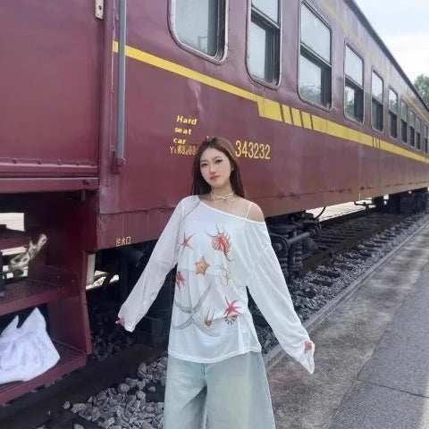 Starfish Printed Wide Collar Off-the-shoulder Sun Protection Long Sleeve T-shirt Women