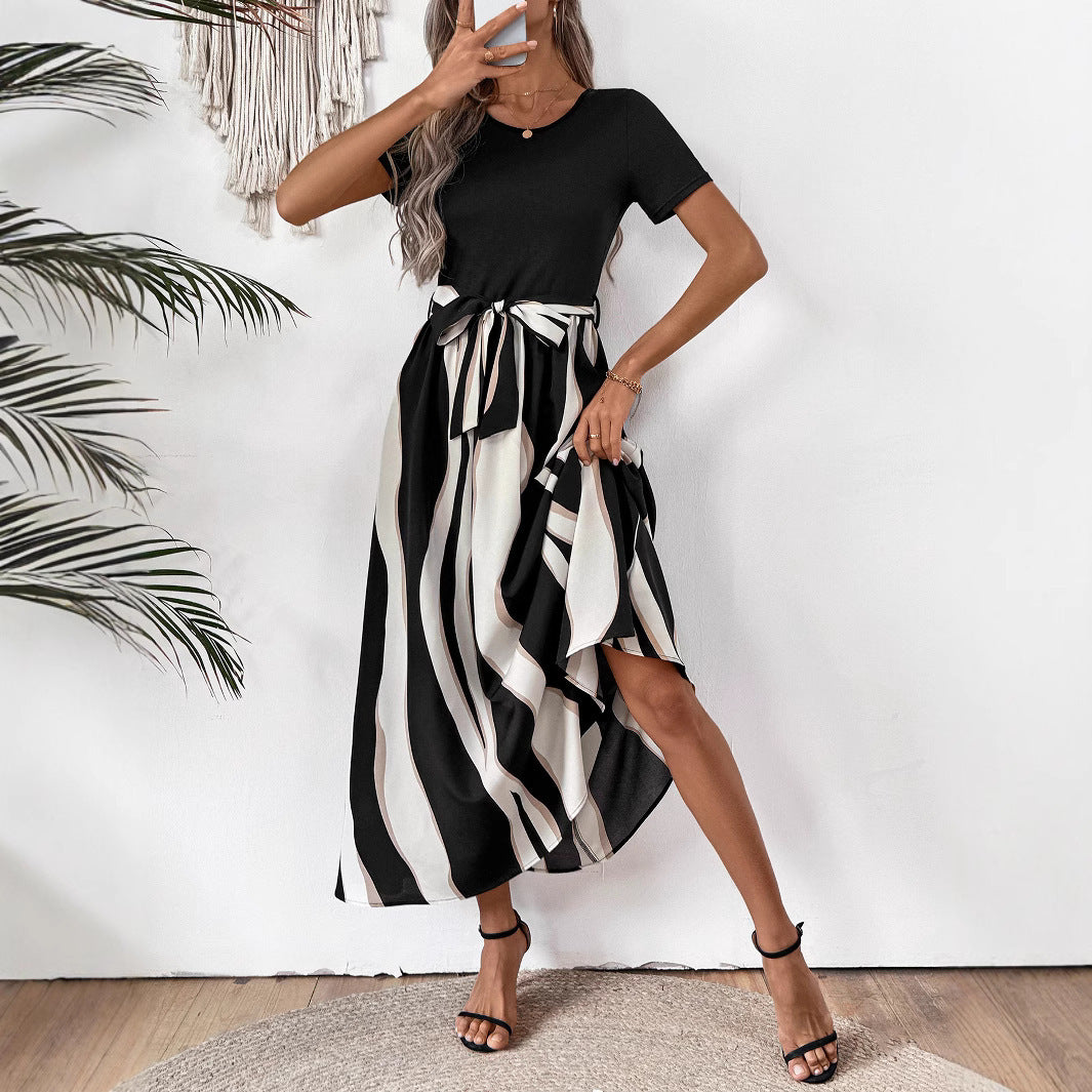 Round Neck Stitching Printing Short Sleeve Large Swing Dress