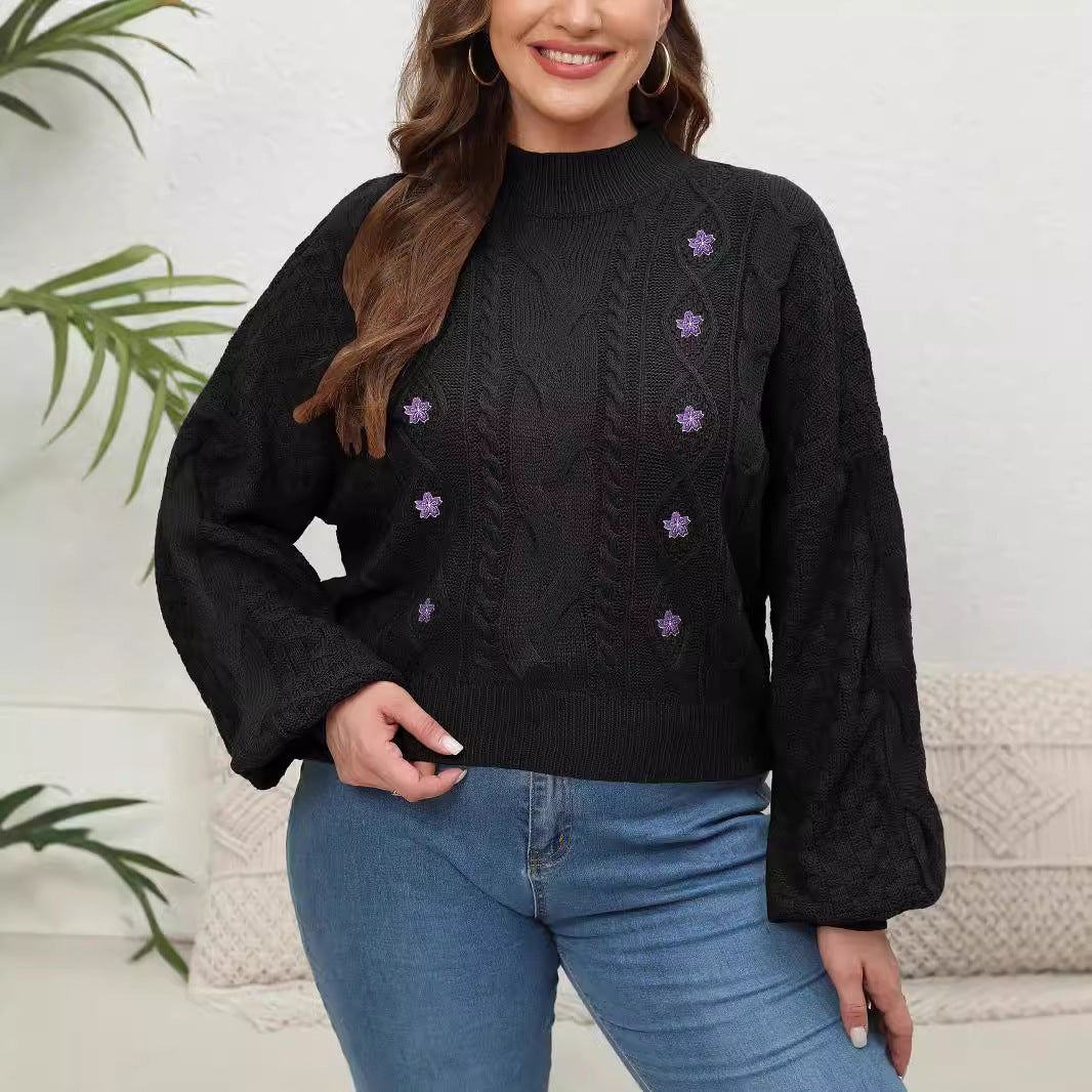 Women's Woven Sweater Plus Size Half-turtleneck Lantern Sleeve Flower Sweater