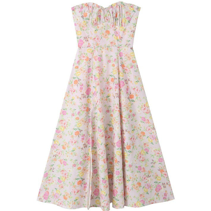 Floral Fishbone Tied Spaghetti-strap Top Tube Top Dress Suit