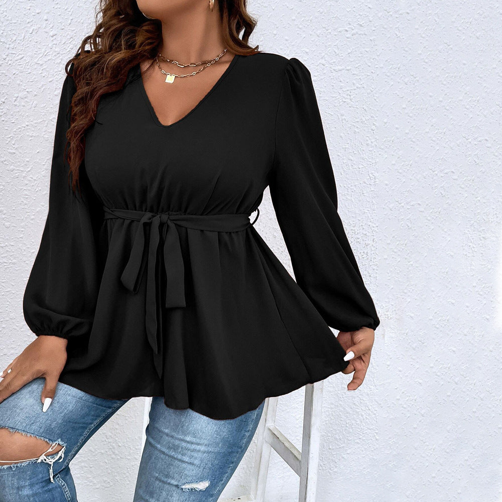 Women's V-neck Lantern Sleeve Slim Top
